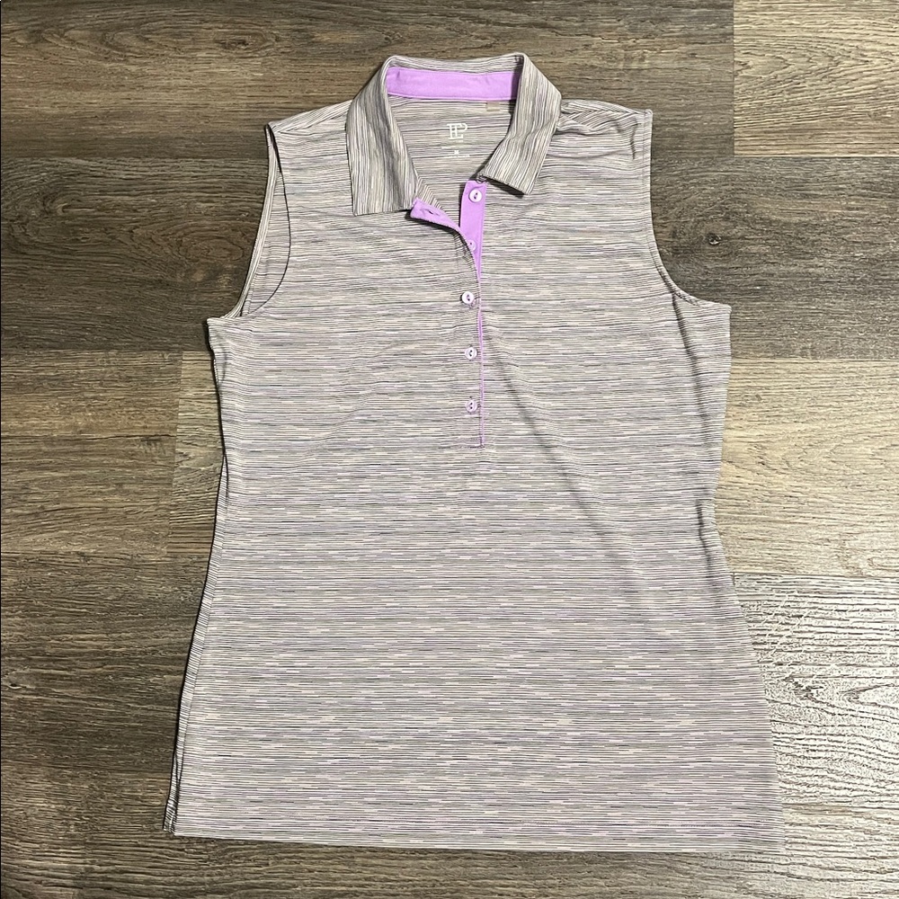EP New York Women's Sleeveless Purple Striped Polo Golf Top Medium